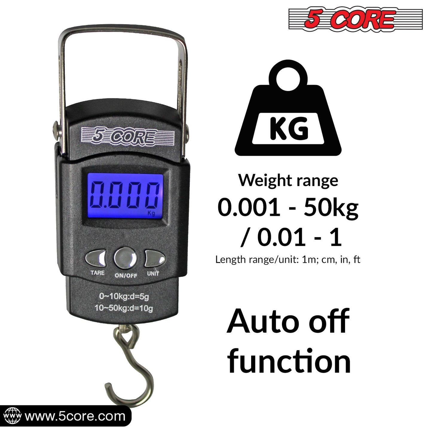 5Core Digital Fishing Scale 110lb/50kg Hanging Luggage Weighing Scales